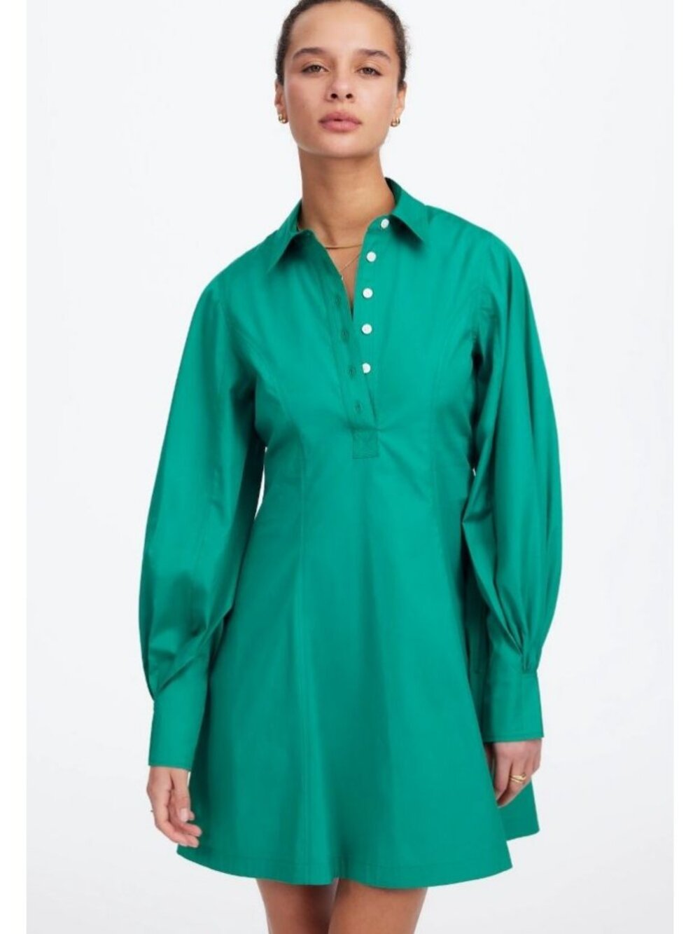 Madewell Seamed Long-Sleeve Mini Shirtdress in Poplin Women's Size 10 Green NWT!